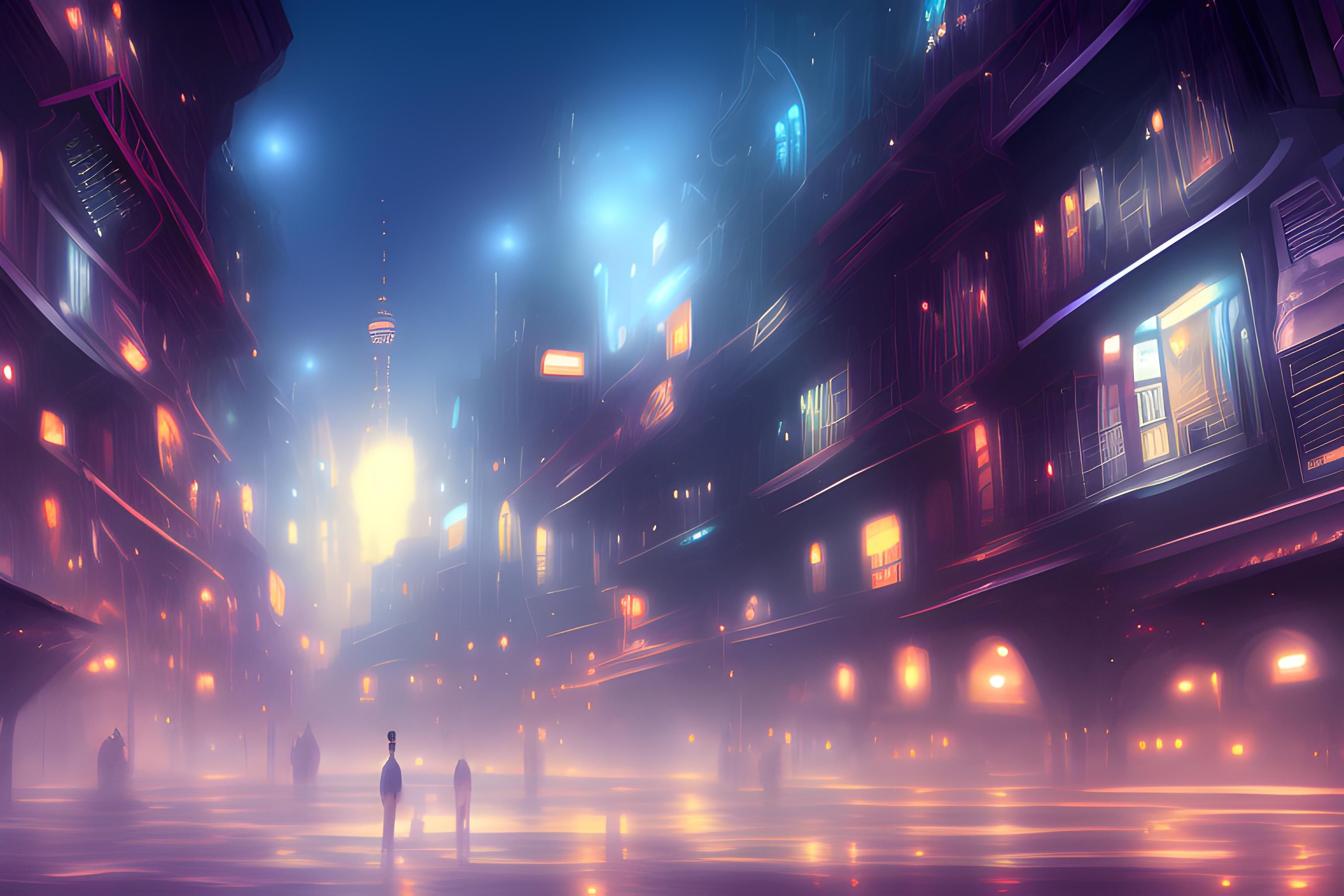 ciudad nocturna,estilo anime,vista de lejos y en altura,que se vea toda la ciudad iluminada,que haya vida,que sea animada
